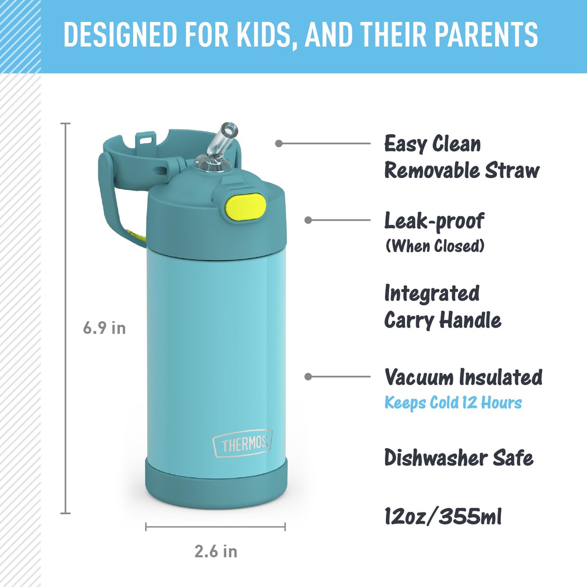 THERMOS FUNtainer with soft-touch handle enables easy carrying for youngsters.