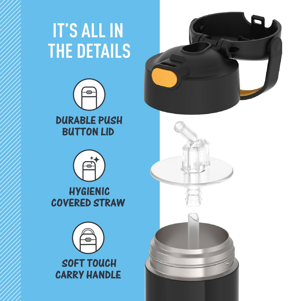 THERMOS FUNtainer durable soft-touch handle for little hands on trips.