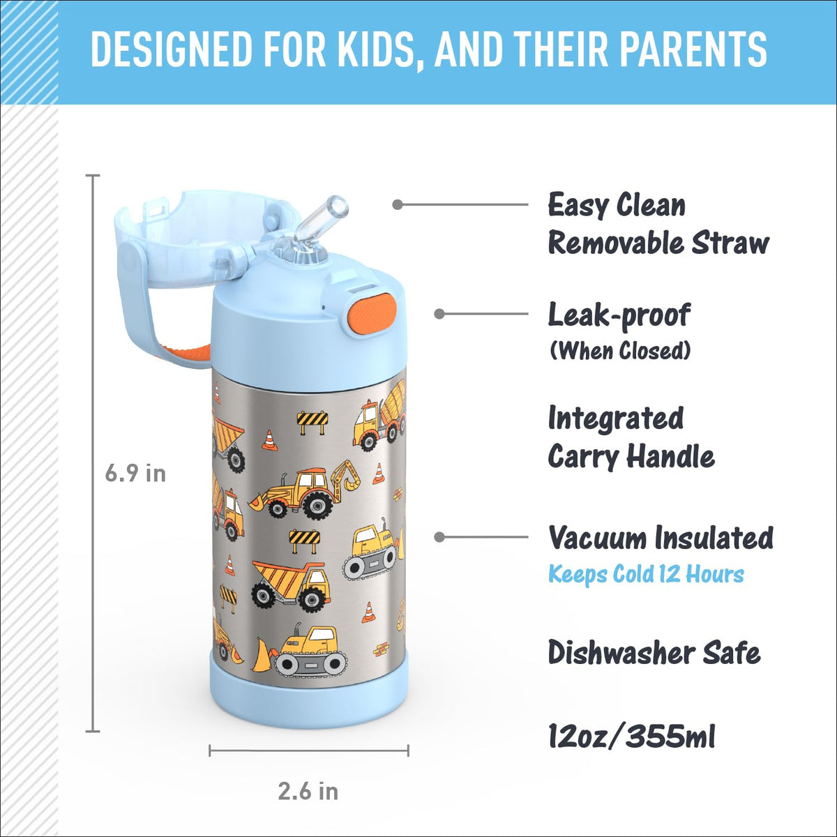 THERMOS FUNtainer bottle with soft-touch carry handle for easy everyday portability.