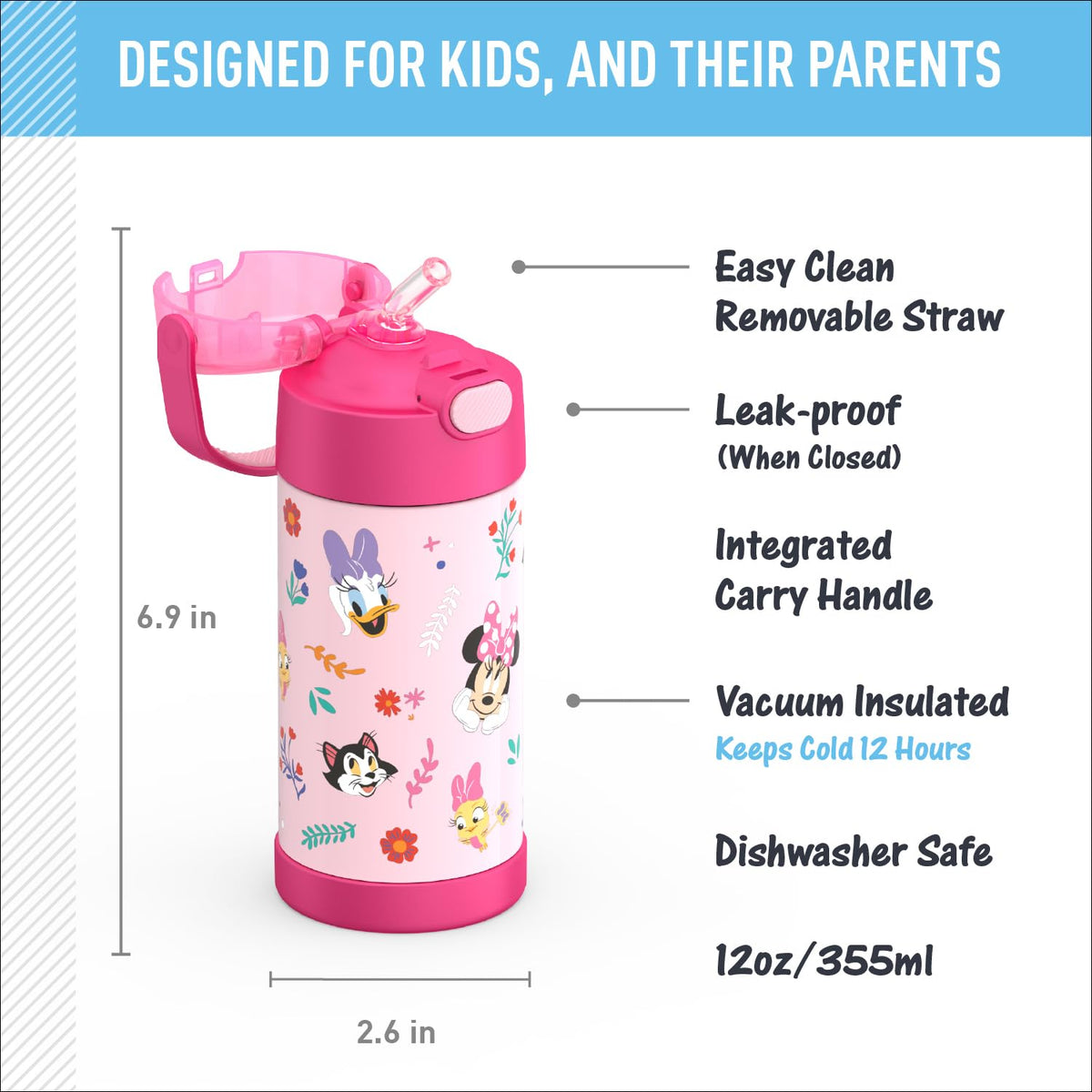 THERMOS FUNtainer soft-touch carry handle makes kid transport effortless.