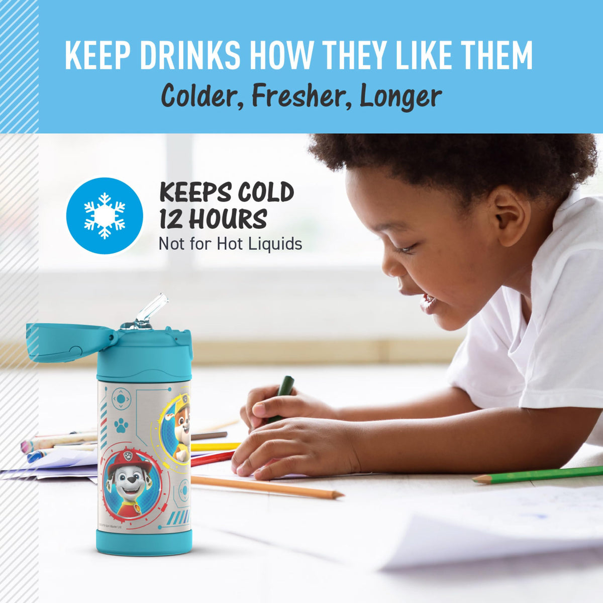 THERMOS FUNTAINER soft-touch lid supports one-handed sipping