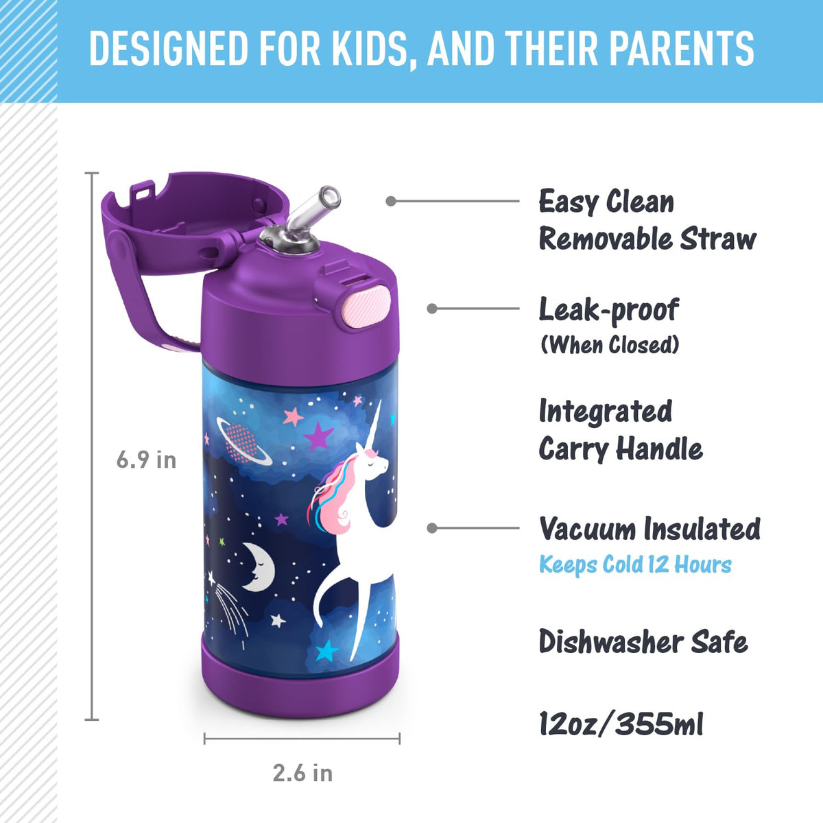 THERMOS FUNTAINER space-unicorn-straw-hygienic-cover enables safe, easy sipping and cleaning.