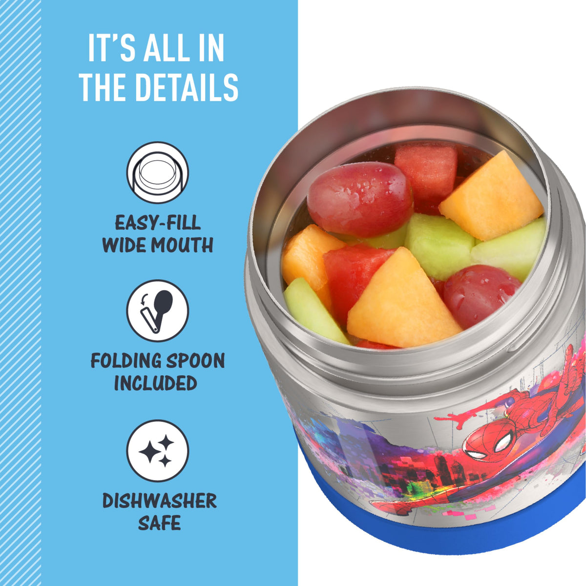 THERMOS Funtainer Spider-Man wide mouth makes filling and cleaning easy