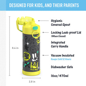 THERMOS FUNtainer spout lid closed demonstrates hygienic spill protection for busy school days.