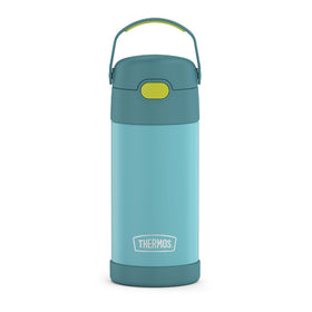 THERMOS FUNtainer straw bottle with blue-green finish supports on-the-go hydration.