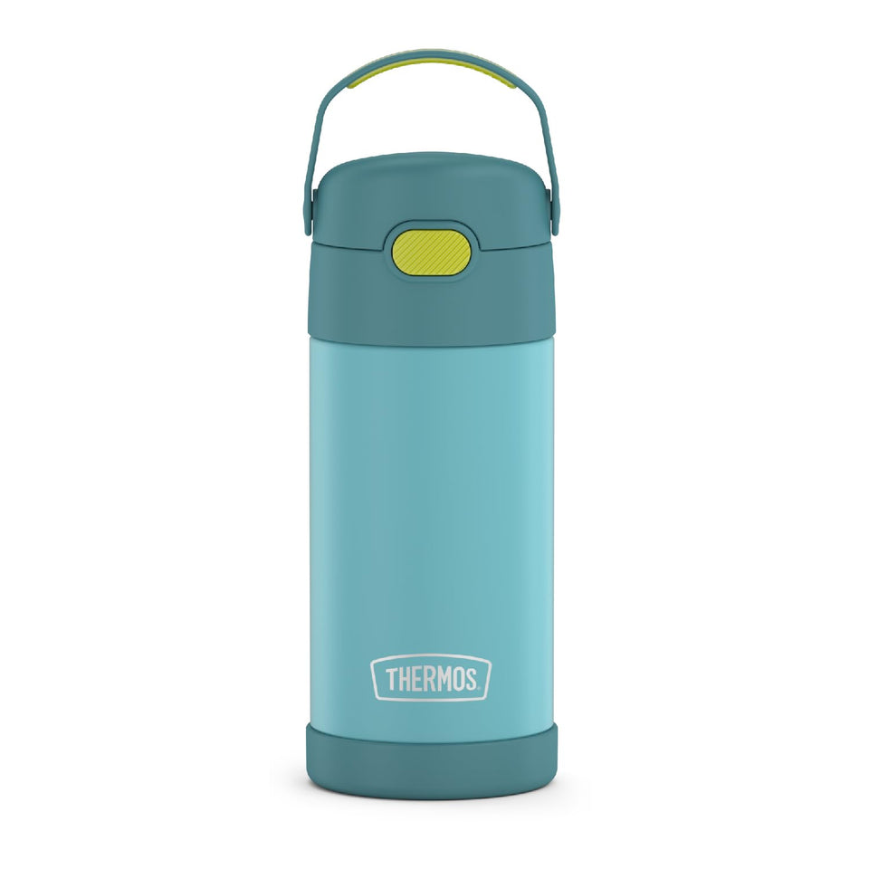 THERMOS FUNtainer straw bottle with blue-green finish supports on-the-go hydration.
