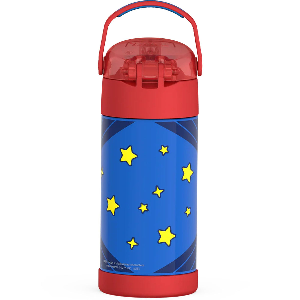 THERMOS FUNtainer Superman pattern close-up captures kid-friendly design for motivation