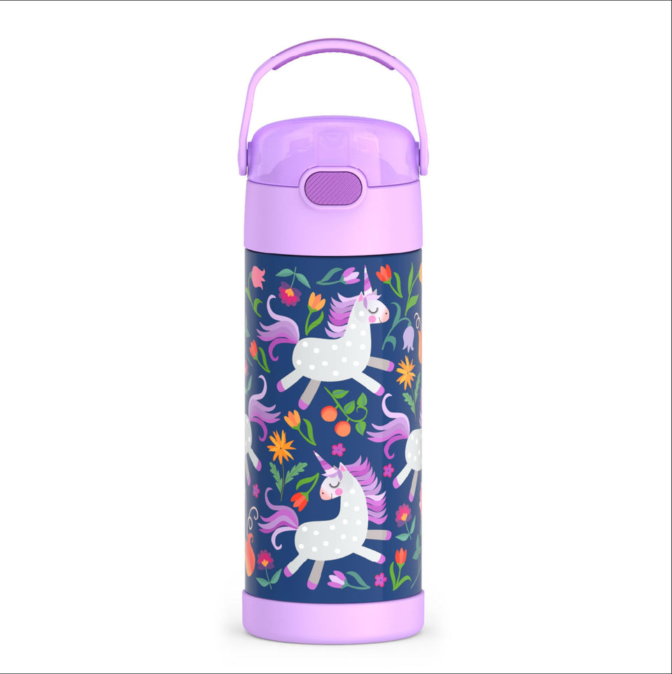 THERMOS FUNTAINER unicorn blooms bottle front view showing straw and cold beverage capability