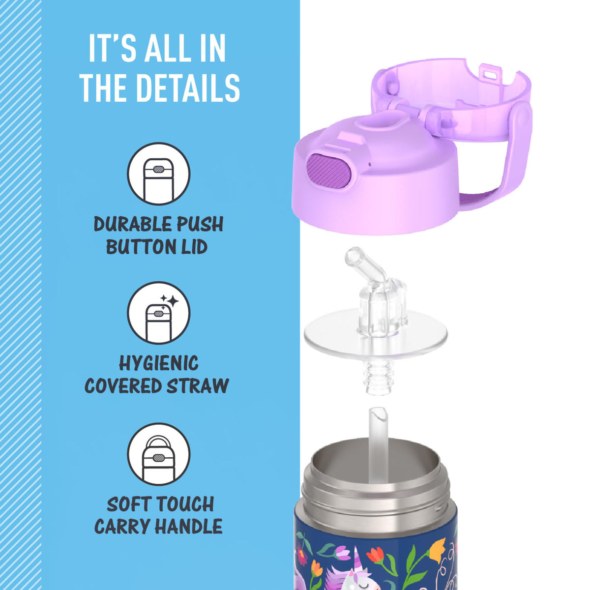 THERMOS FUNTAINER unicorn blooms integrated soft-touch carry handle for easy transport