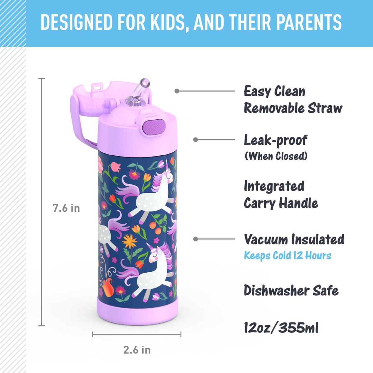 THERMOS FUNTAINER unicorn blooms straw close-up with removable hygienic straw