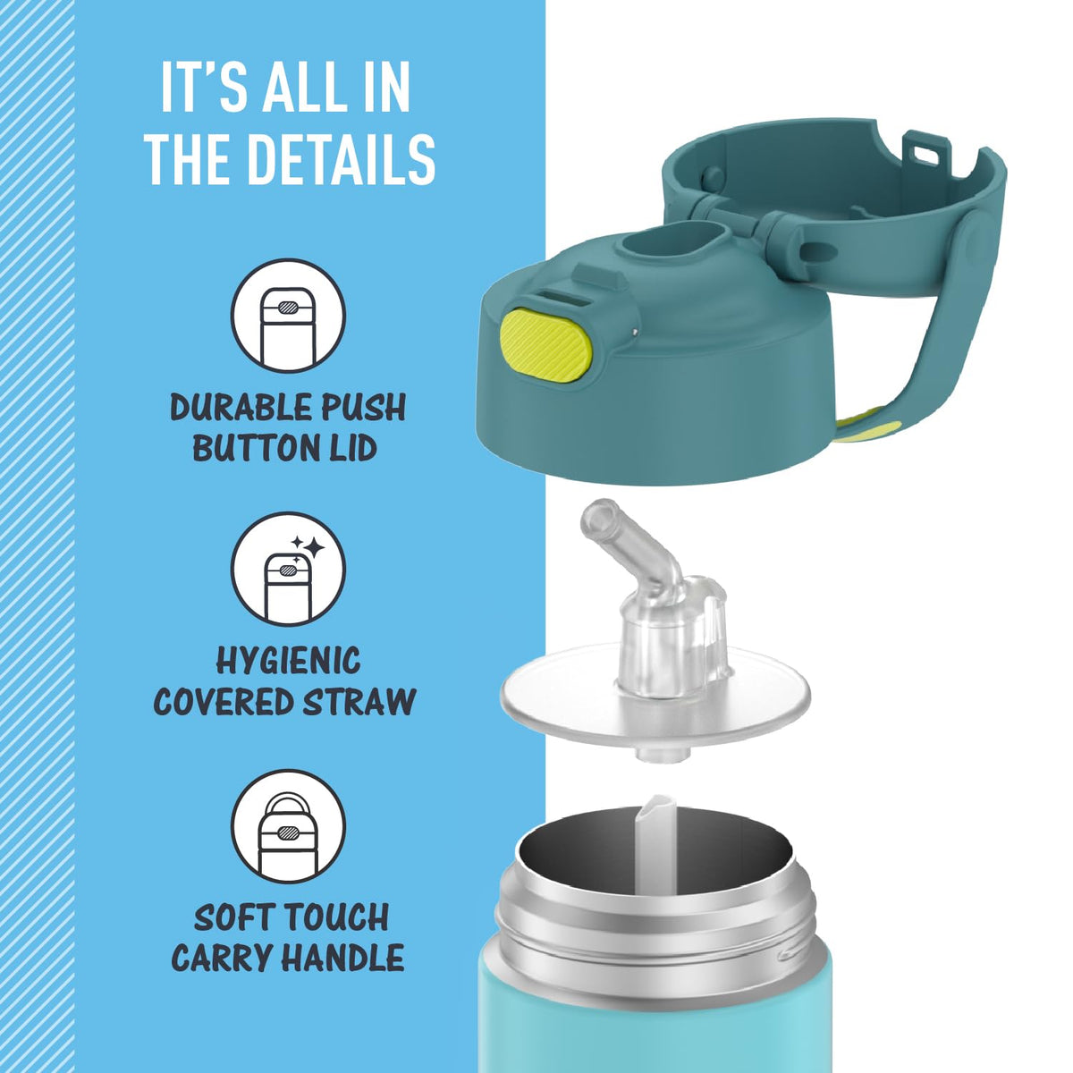 THERMOS FUNtainer vacuum insulation keeps drinks cold for long school days.