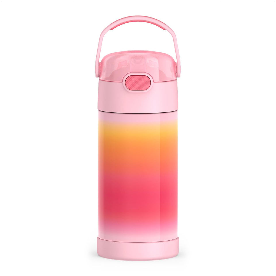 THERMOS FUNTainer water bottle in pink ombre showcases durable stainless steel for active kids.