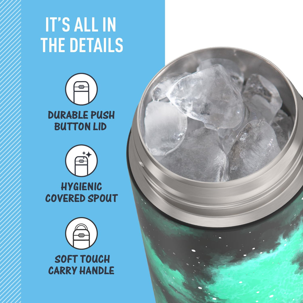 Wide spout lid on THERMOS FUNtainer makes sipping quick and mess-free