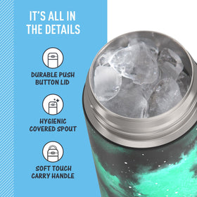 Wide spout lid on THERMOS FUNtainer makes sipping quick and mess-free