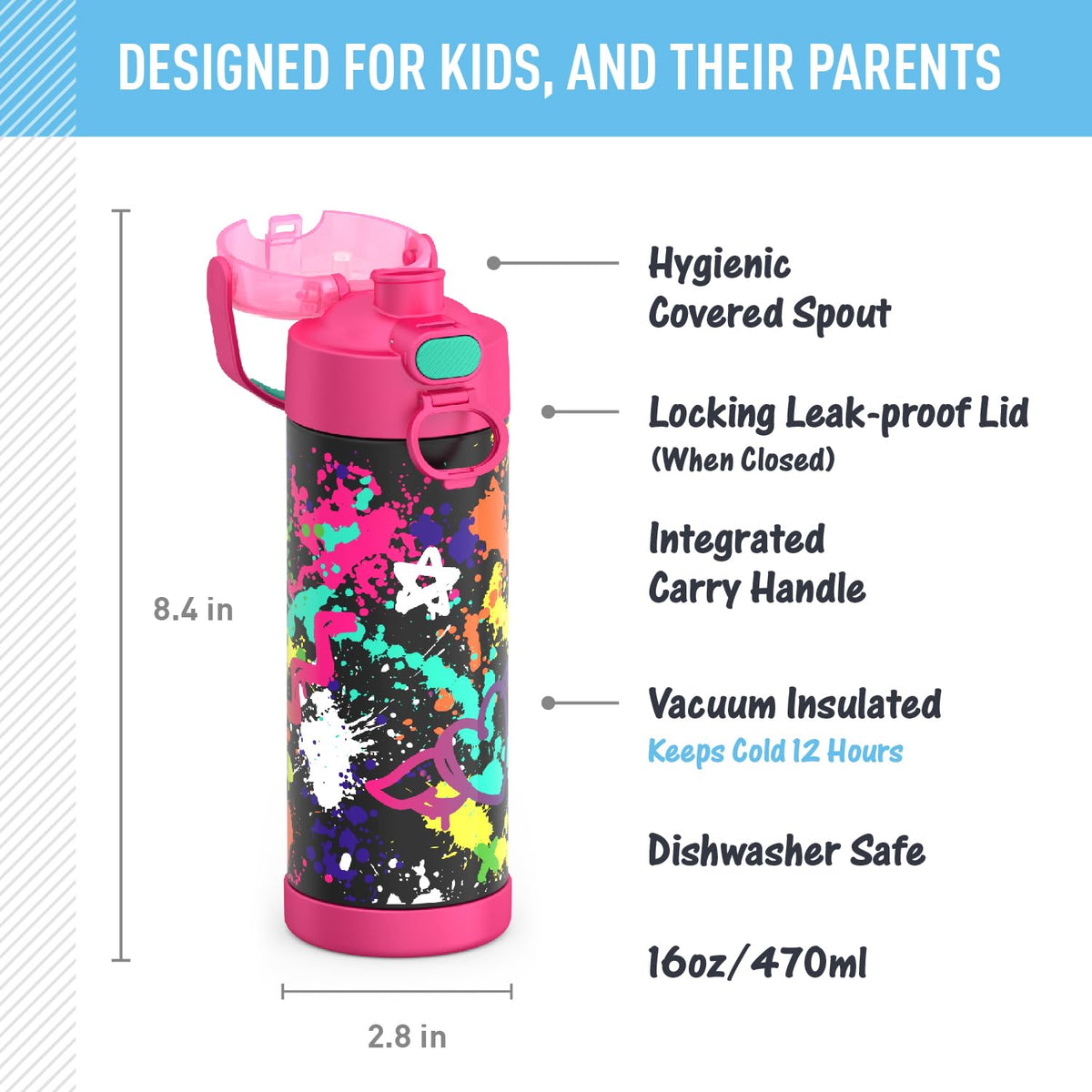 THERMOS FUNtainer wide spout lid for easy, spill-resistant sips.