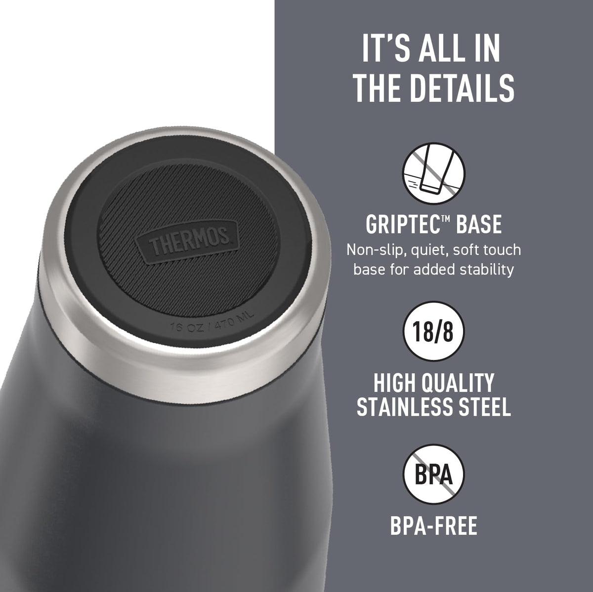 THERMOS Icon Series Granite 16oz mug lid close-up demonstrates secure leak-proof performance.