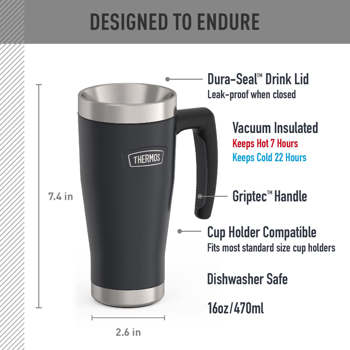 THERMOS Icon Series Granite 16oz mug, side view emphasizes rugged stainless steel for year-round use.