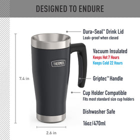THERMOS Icon Series Granite 16oz mug, side view emphasizes rugged stainless steel for year-round use.