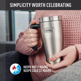 THERMOS Icon Series Granite 16oz mug top view highlights leak-proof DURA-SEAL lid.