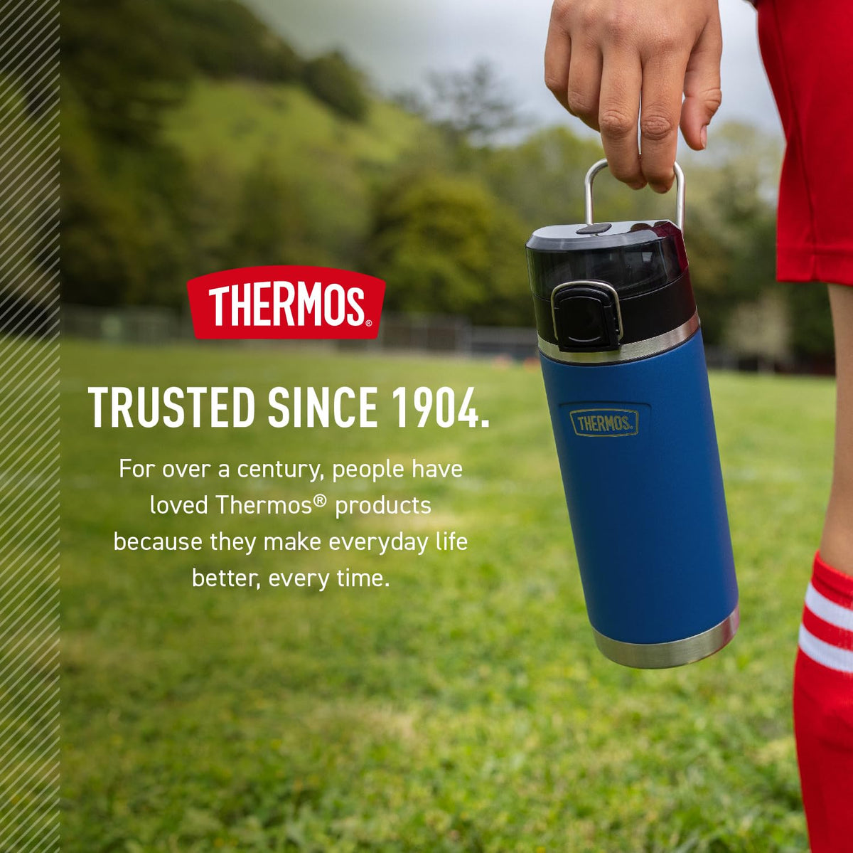 THERMOS ICON SERIES navy bottle design reflects 120 year heritage