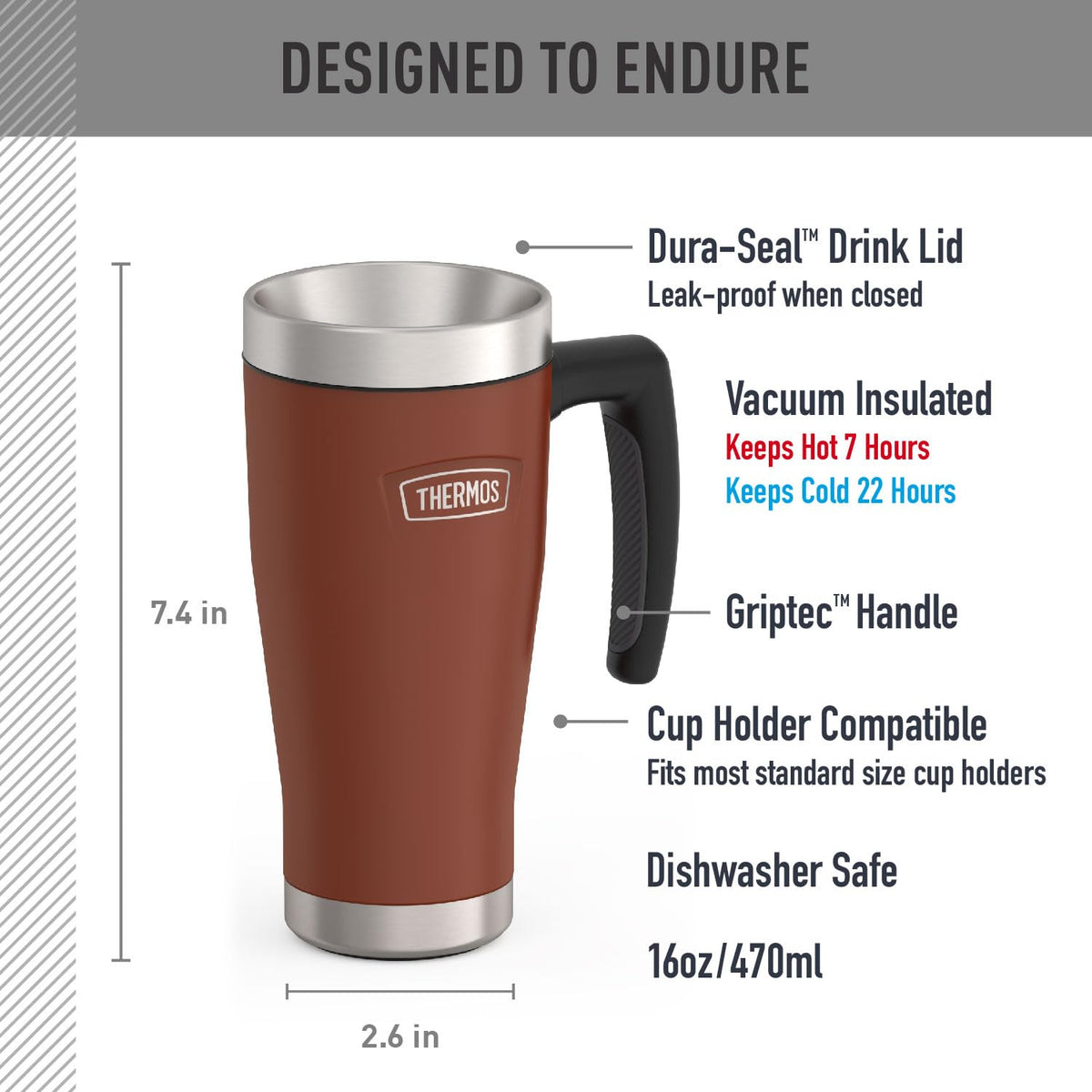 THERMOS Icon Series Saddle 16oz mug made of durable 18/8 stainless steel for everyday use