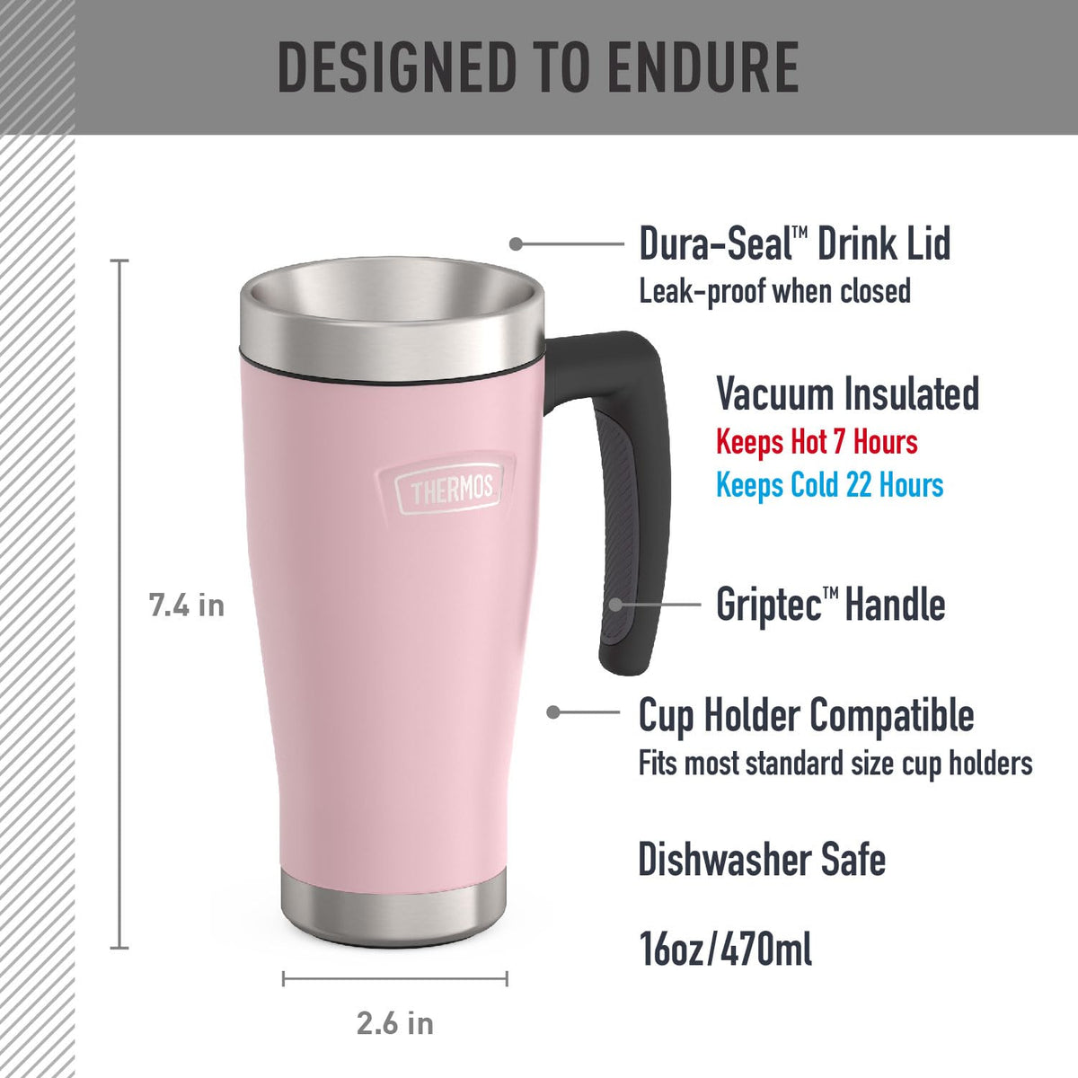 THERMOS Icon Series Sunset Pink mug with DURA-SEAL lid, leak-proof.