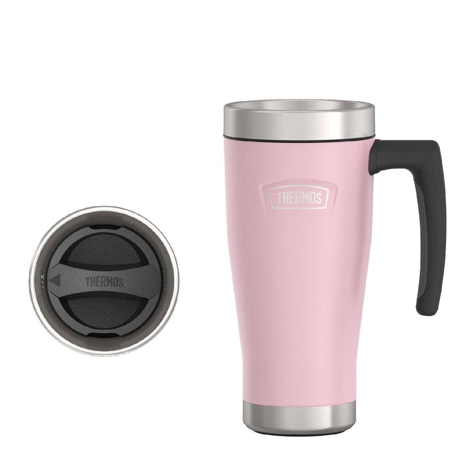 THERMOS Icon Series Sunset Pink 16 oz mug—sleek front view for daily use.