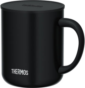 THERMOS JDG-452C mug front view shows smoke black finish for everyday hot or cold drinks.