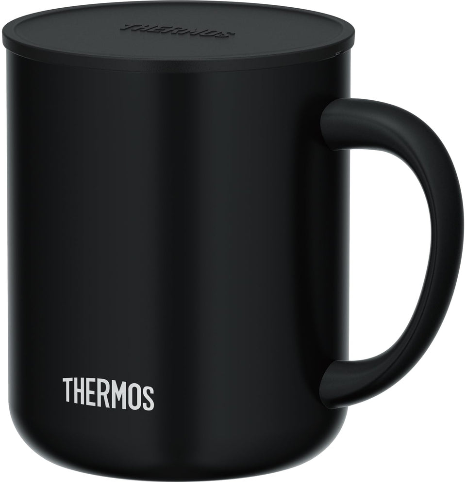 THERMOS JDG-452C mug front view shows smoke black finish for everyday hot or cold drinks.