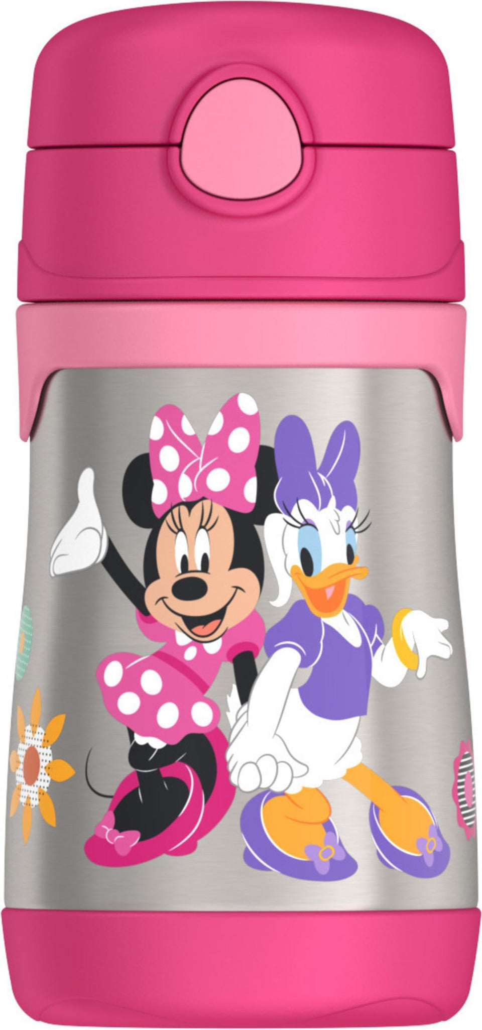 THERMOS Minnie Mouse 10oz straw bottle front view keeps drinks cool for kids.