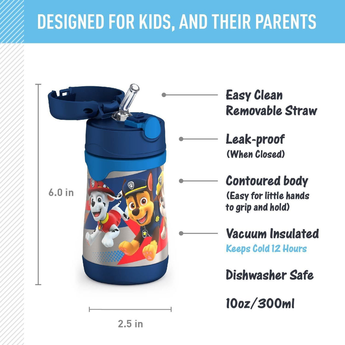 THERMOS Paw Patrol Boy 10oz straw bottle lid button for spill prevention