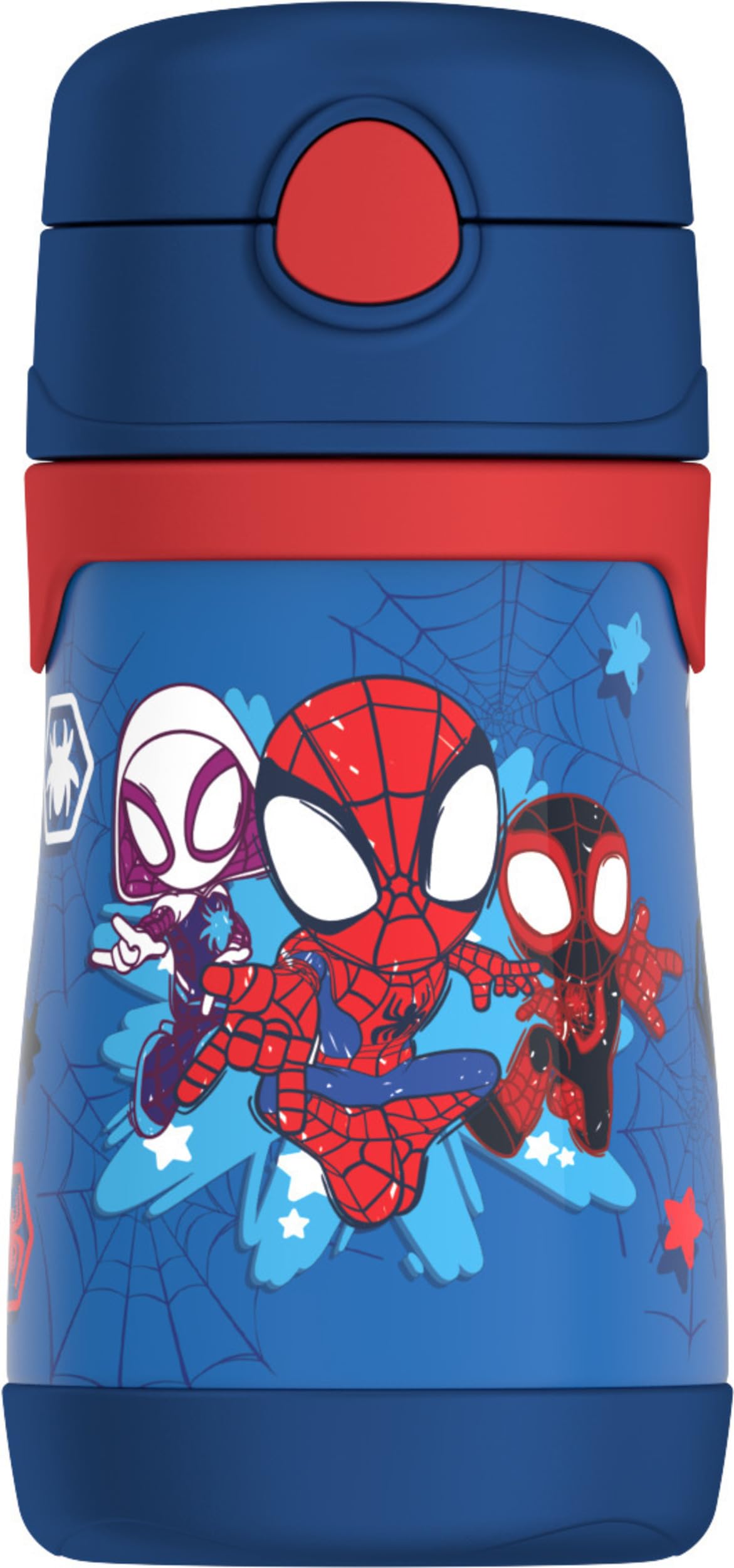THERMOS Spidey bottle front view with kid-friendly grip for school hydration