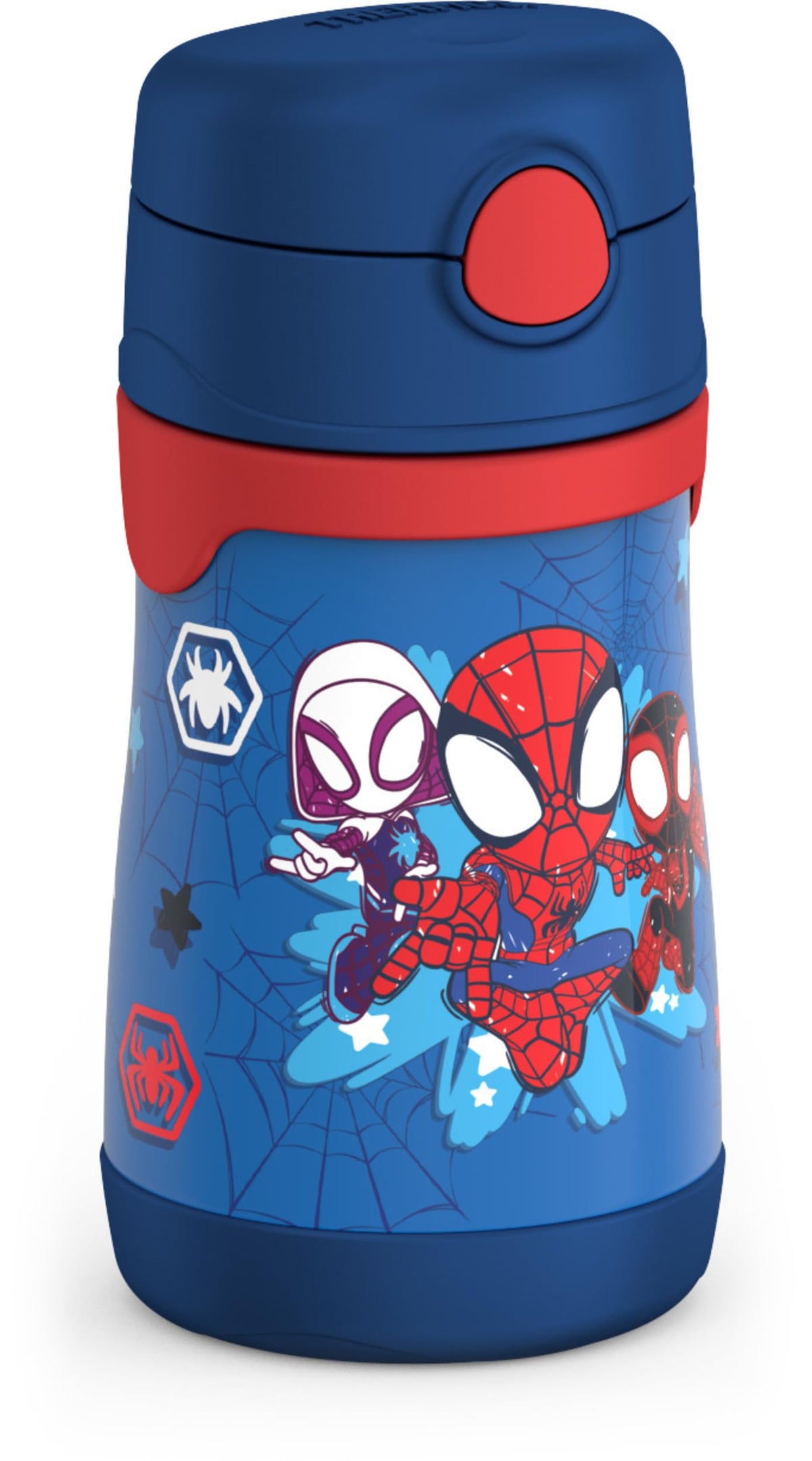 THERMOS Spidey bottle with lid open showing pop-up straw for easy sip