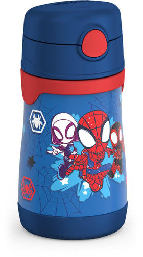 THERMOS Spidey bottle with lid open showing pop-up straw for easy sip