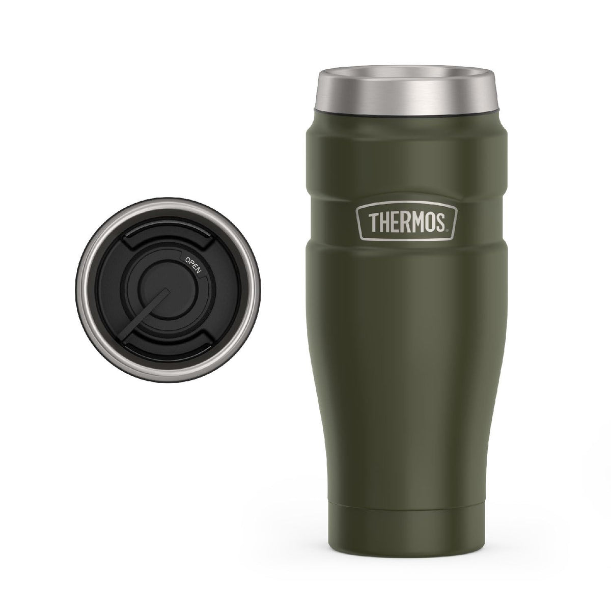 THERMOS Stainless King 16oz army green front view highlights durable build and heat retention for commutes