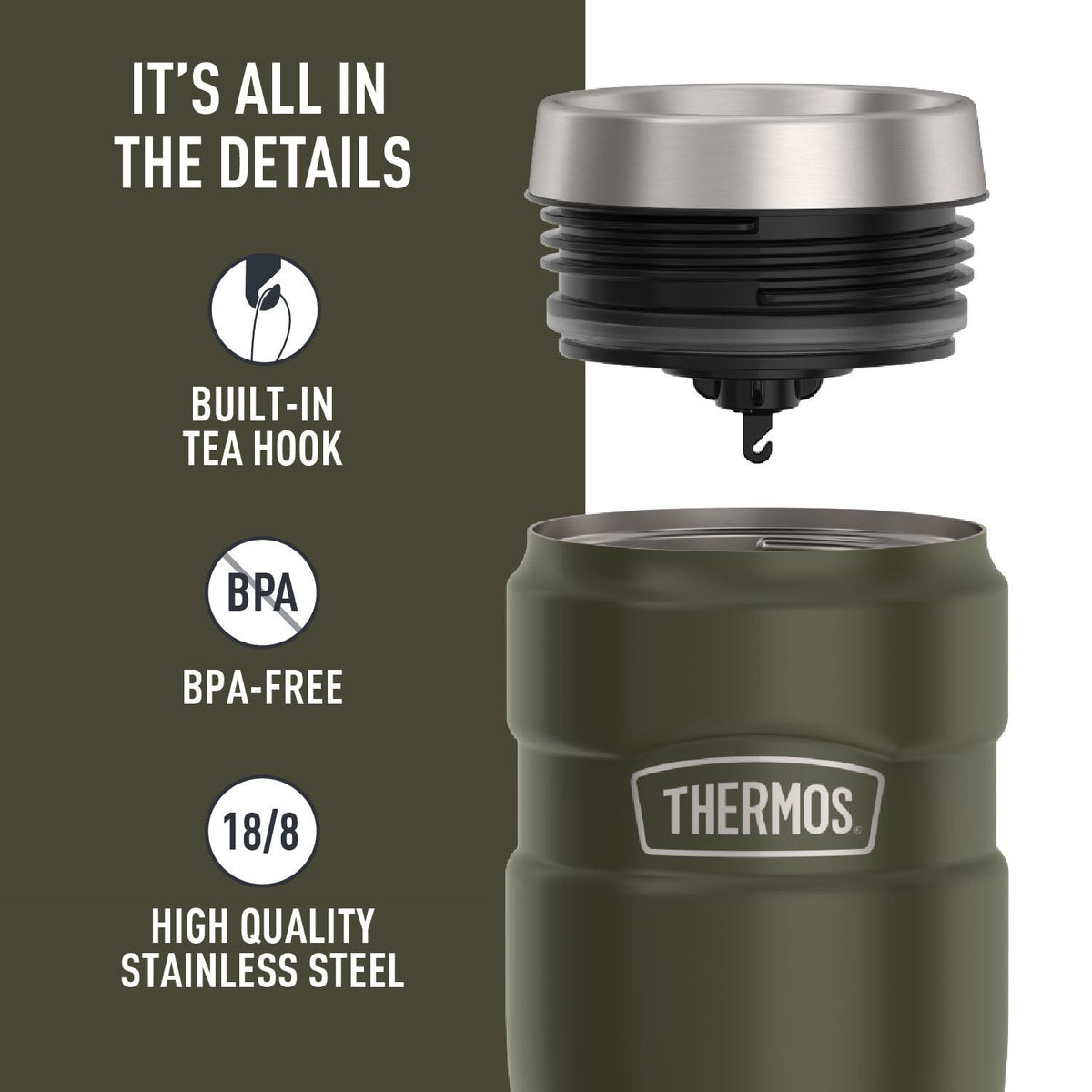 Cap close-up on THERMOS Stainless King 16oz army green emphasizes easy cleaning and dishwasher safety