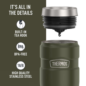 Cap close-up on THERMOS Stainless King 16oz army green emphasizes easy cleaning and dishwasher safety
