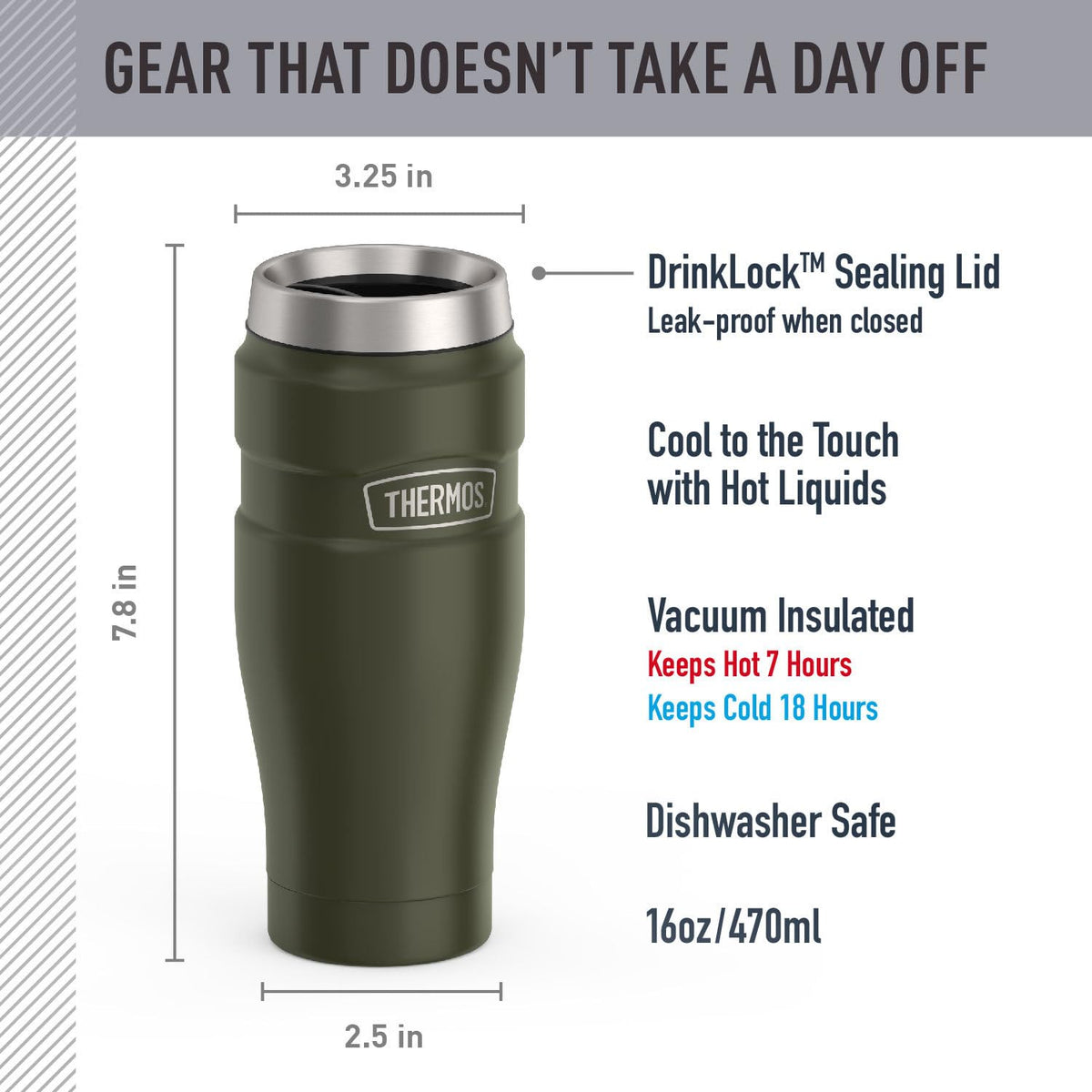 THERMOS Stainless King 16oz army green side angle shows leak-proof lid during travel