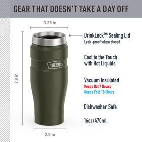 THERMOS Stainless King 16oz army green side angle shows leak-proof lid during travel