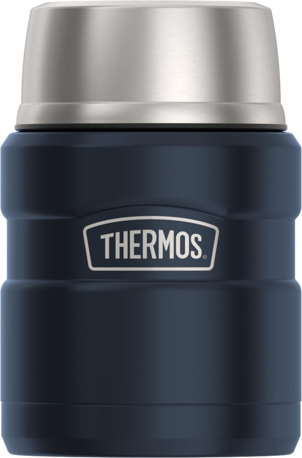 THERMOS Stainless King 16 oz food jar in midnight blue with lid, ready for travel