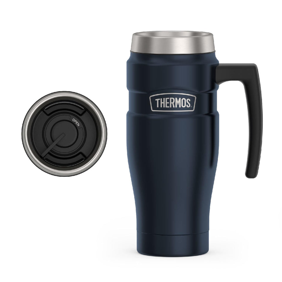 Thermos Stainless King 16oz midnight blue mug pour keeps drinks hot or cold on the go