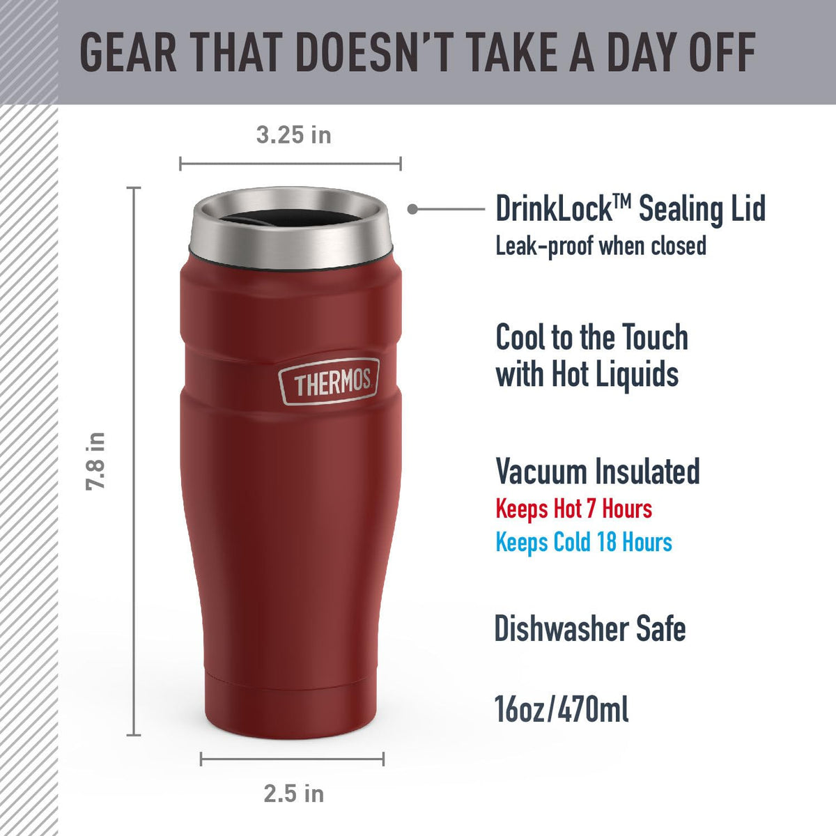 THERMOS Stainless King 16oz Rustic Red, drinklock lid demonstrating leak-proof design