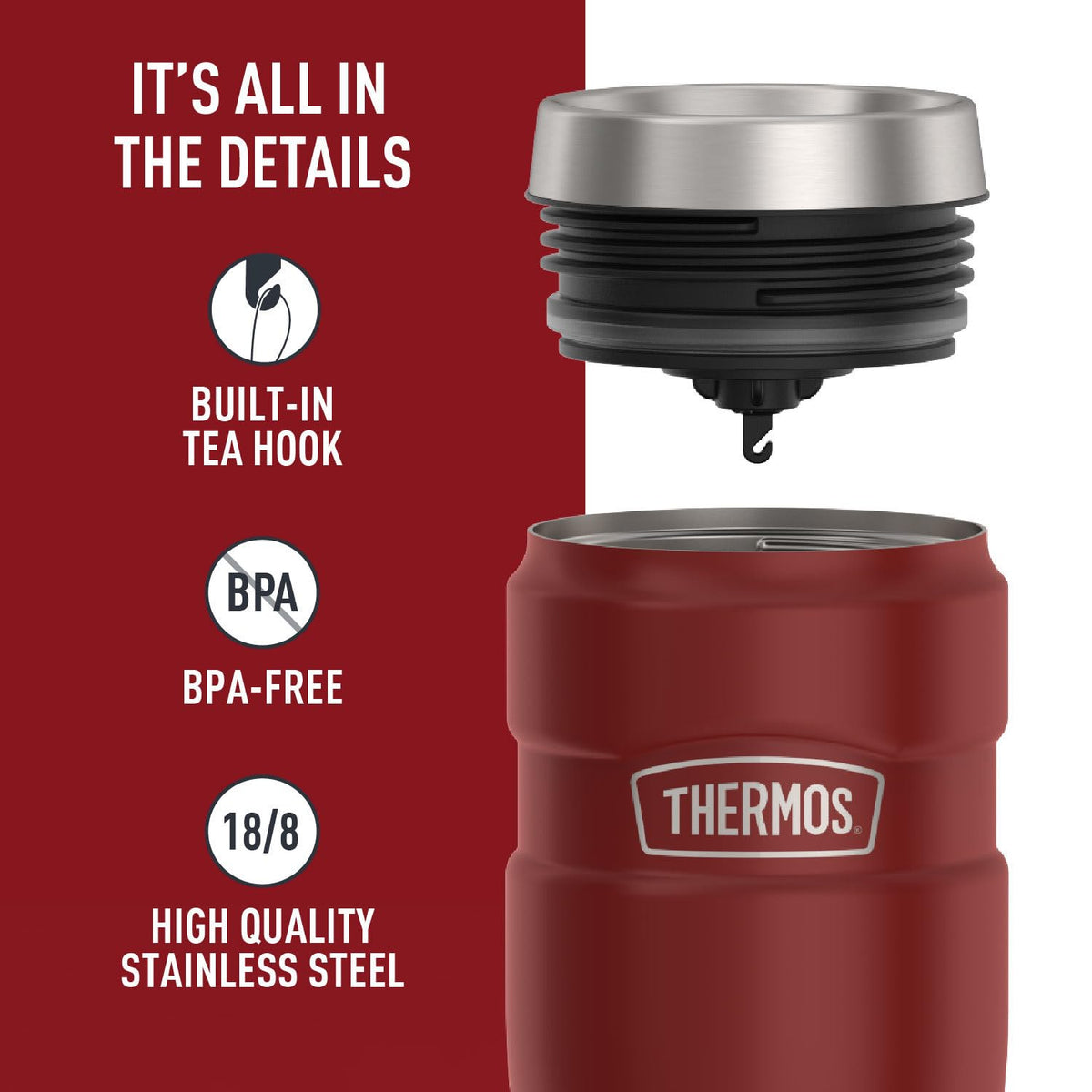 THERMOS Stainless King 16oz Rustic Red exterior stays cool to touch with hot drinks