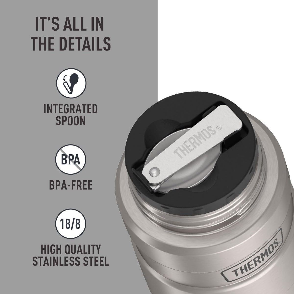 THERMOS Stainless King 18/8 stainless steel body shows rugged durability for daily use.