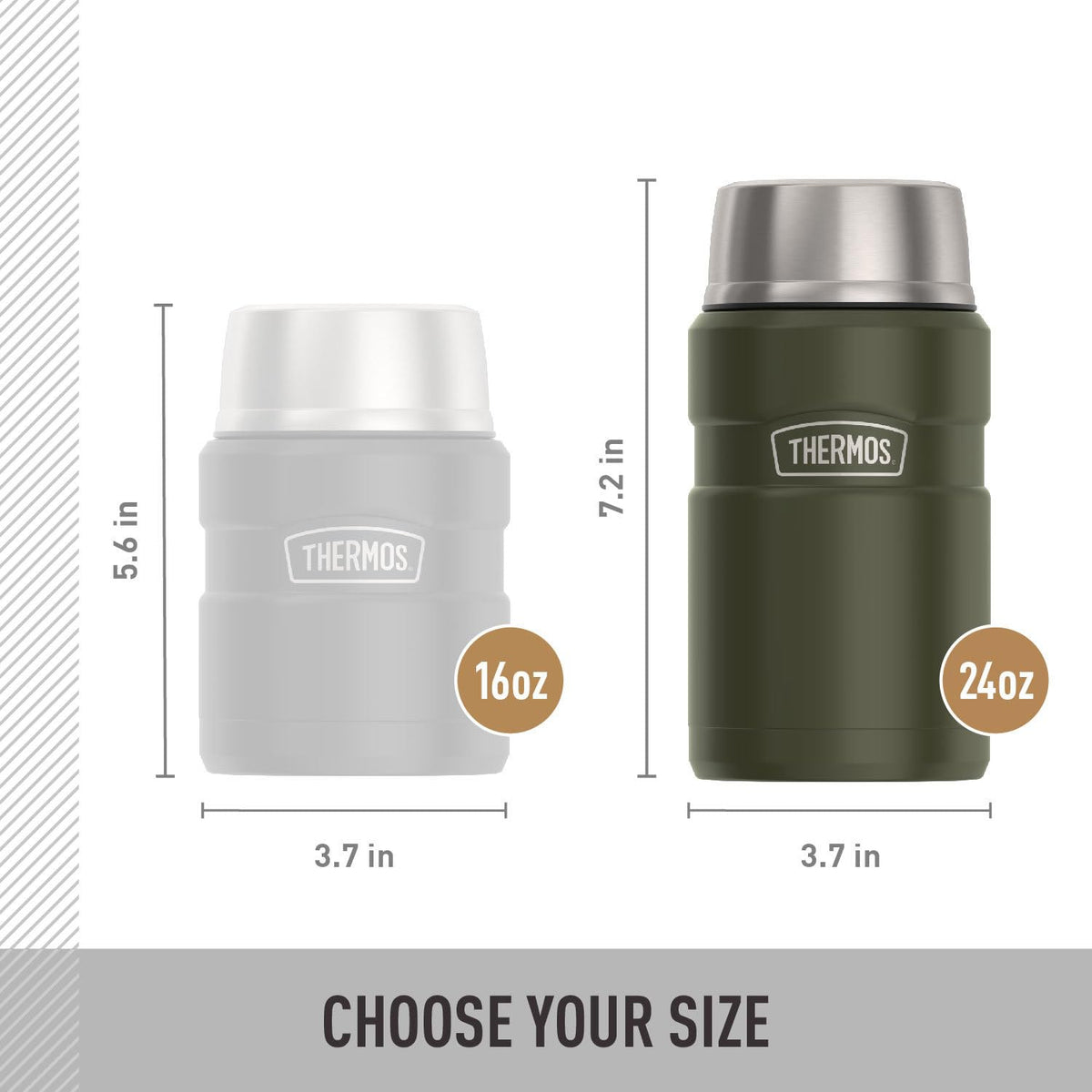 THERMOS 24oz keeps hot contents hot for hours in army green jar.