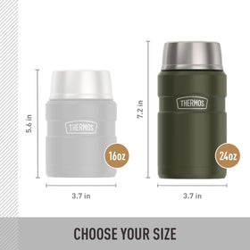 THERMOS 24oz keeps hot contents hot for hours in army green jar.