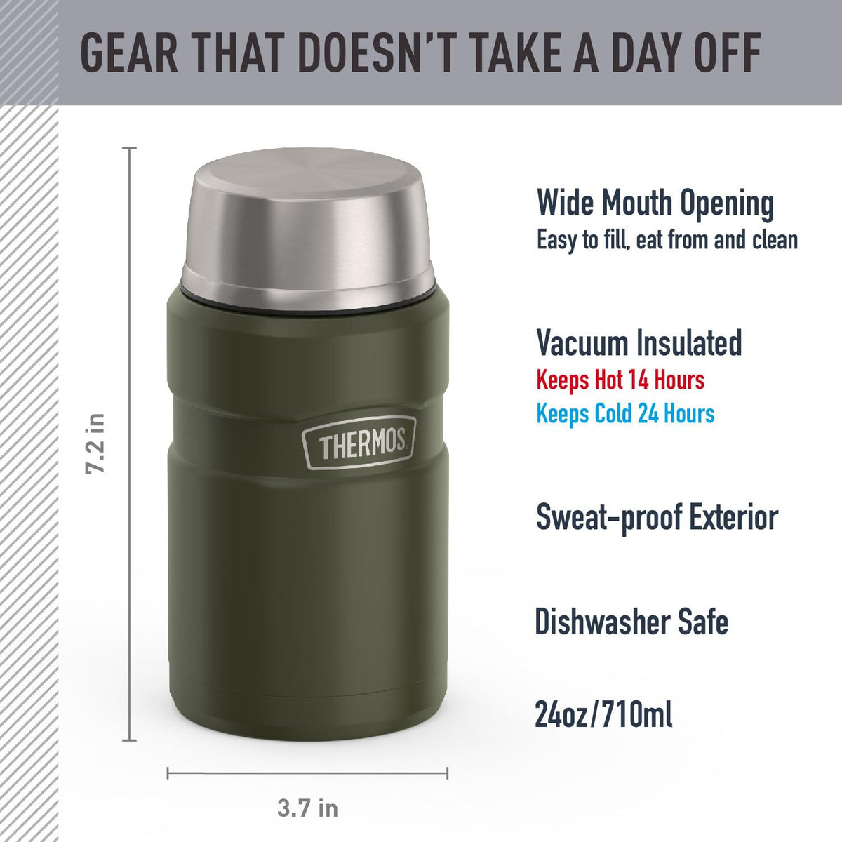 THERMOS Stainless King 24oz army green lid-bowl shows built-in serving bowl convenience.