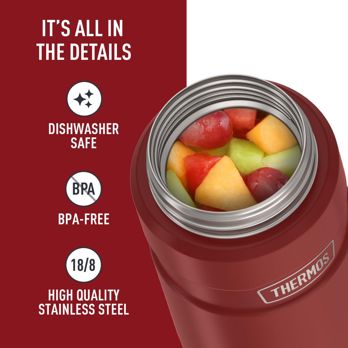 THERMOS Stainless King 24oz Rustic Red keeps cold foods fresh during trips