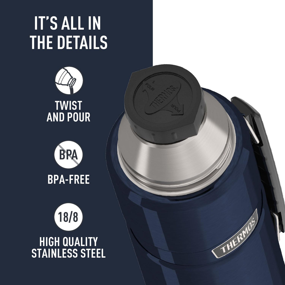 THERMOS Stainless King 40oz bottle keeps beverages hot or cold for hours