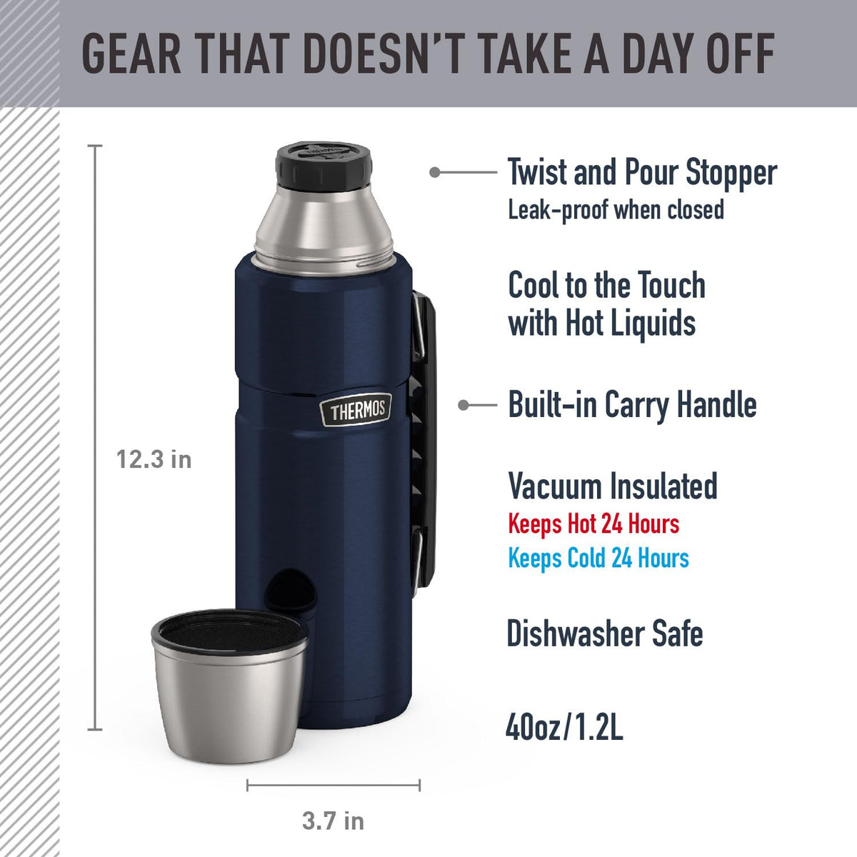 THERMOS Stainless King 40oz bottle lid and built-in cup, convenient serving